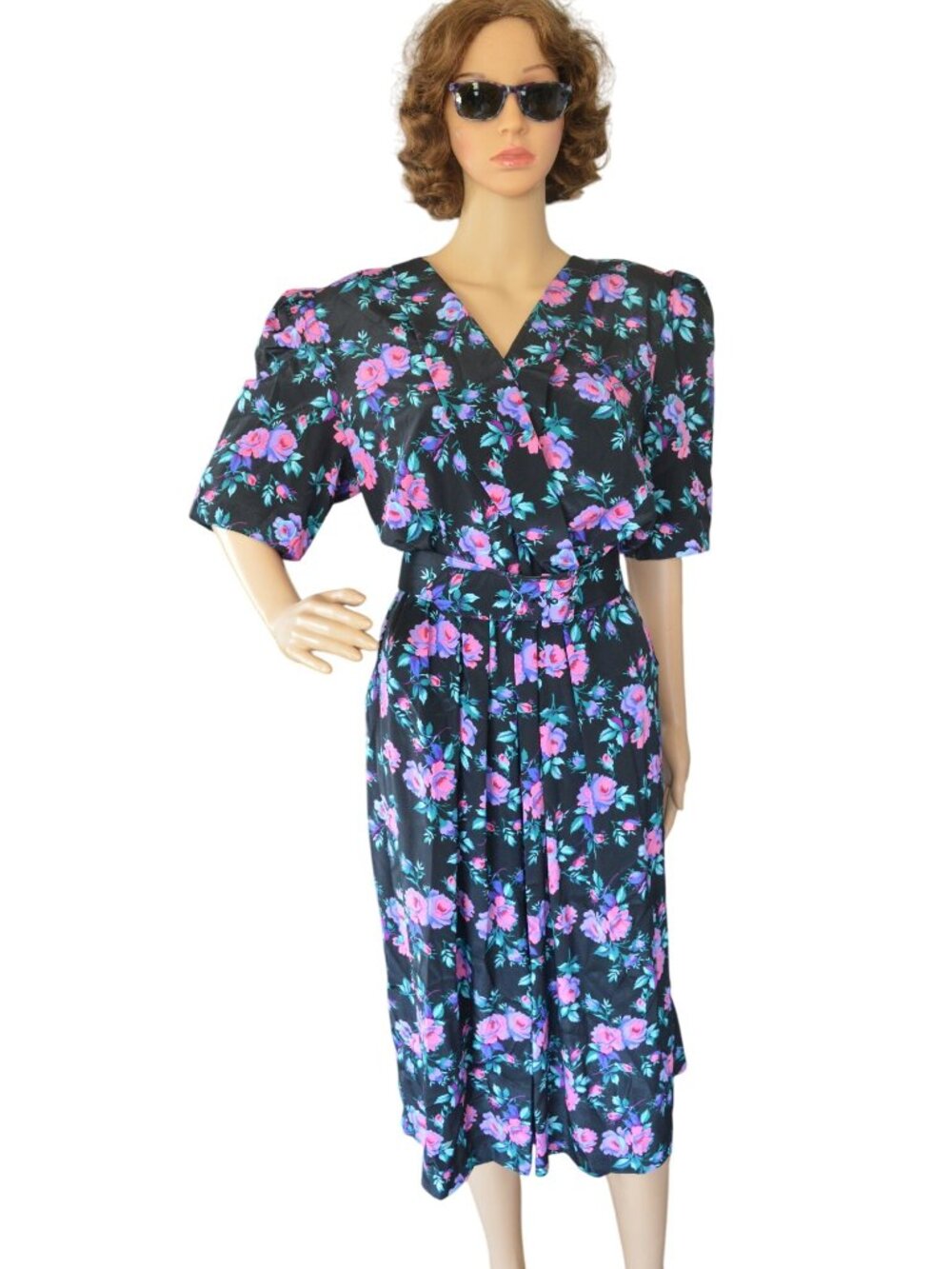 Vintage 80s Pellini by Von Bramlett Floral Shirt Dress with Belt Womens Modern S